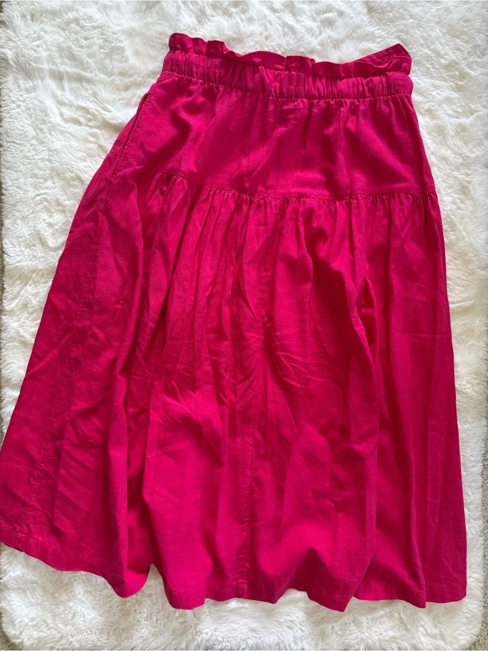 Linen Blend Off-Shoulder Smocked Crop & Midi Skirt Set in Fuchsia Pink